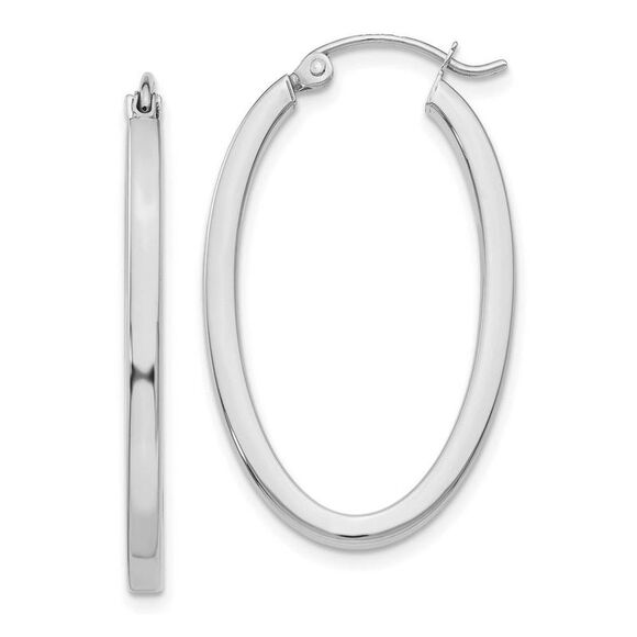 2mm 14k White Gold Square Tube Oval Hoop Earrings 30mm (1 1/8 Inch)